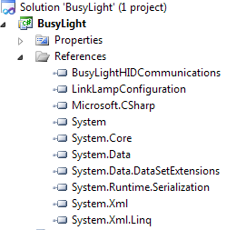 Adding the BusyLightHIDCommunications.dll and the LinkLampConfiguration.dll to the project.